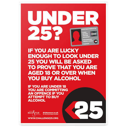 Challenge 25 poster explaining proof of age requirements