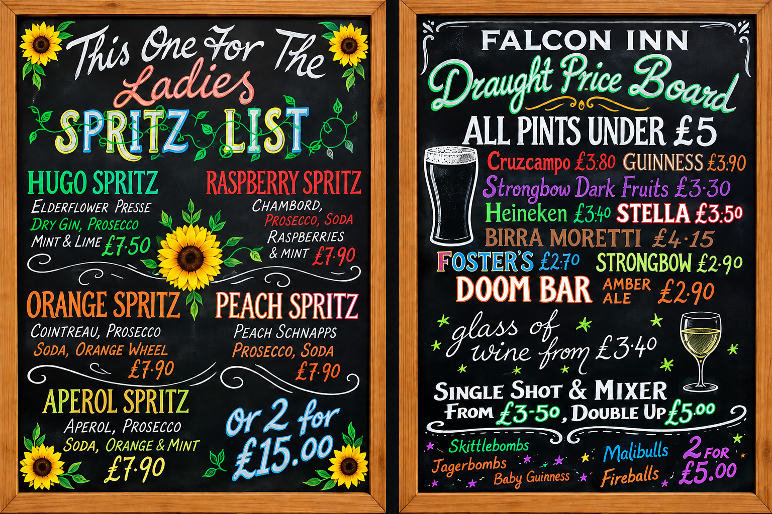 The Falcon drinks and draught price boards