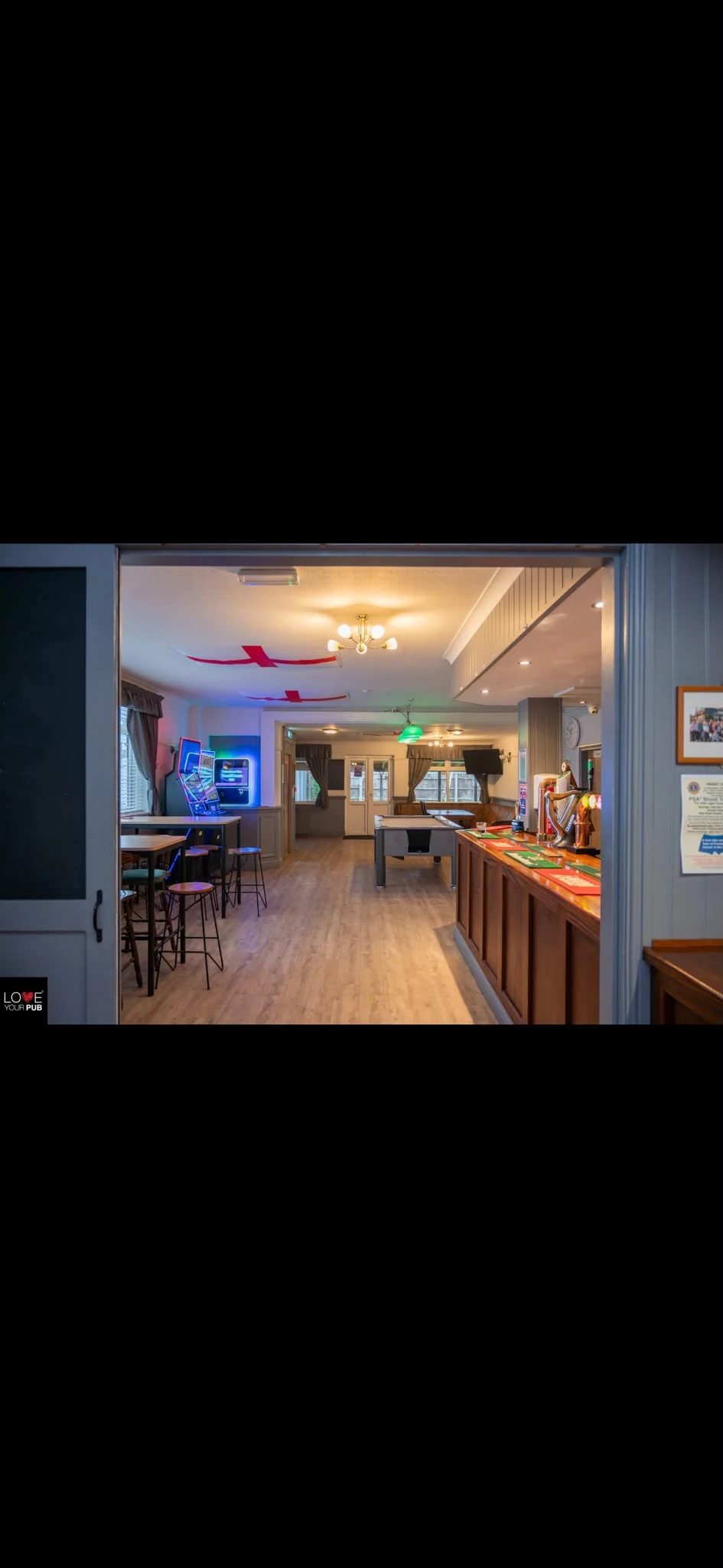 View through the pub seating area